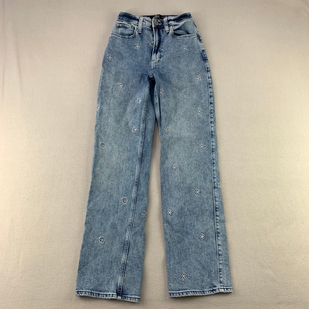Hollister Ultra High-Rise Dad Jeans Womens 23 Blue Vintage Stretch Daisy Floral